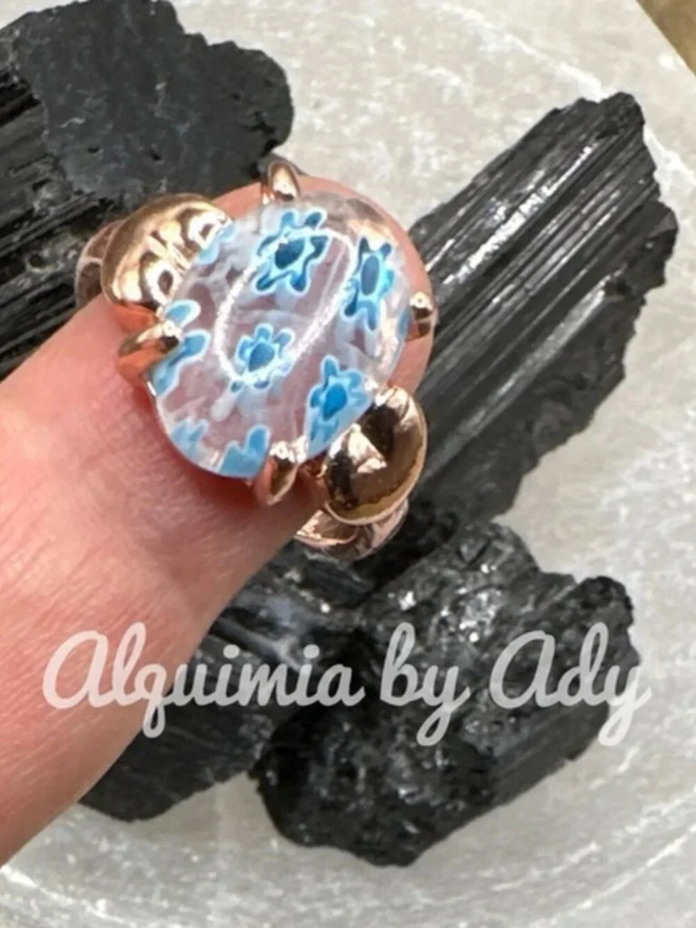 Alquimia Rose Gold Ring with Blue Enamel Turtle